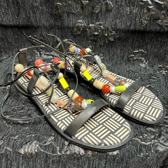 Antonio Melani- Loola Beaded Leather Ankle Wrap Flat Sandals - NWOT Size 6.5 - Picture 3 of 5